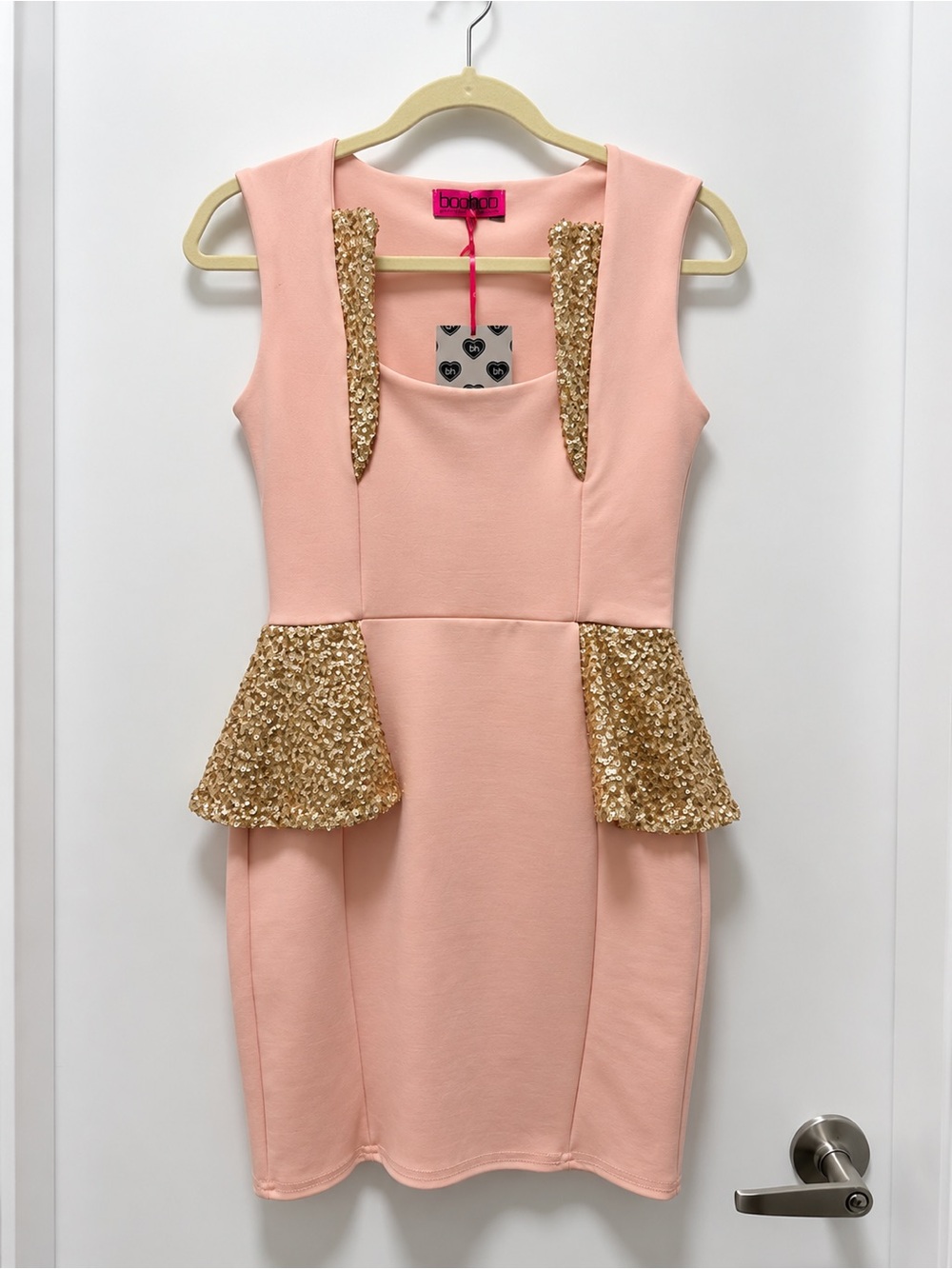 Boohoo Pink Dress with Gold Sequin Peplum